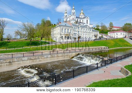 Holy Dormition Cathedral on Assumption Mount and Holy Spirit Monastery at river Vitba beautiful spring view Vitebsk Belarus