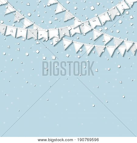 Bunting Party. Good-looking Celebration Card With White Stitched Cutout Paper Bunting Party And Conf
