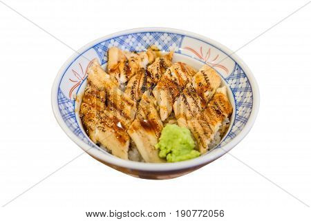 Unaju Unagi don or Grilled eel on rice isolated on white background (Clipping path)
