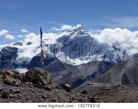 Snow capped mountain Chulu - Sunny day in Thorong La Pass - Annapurna Circuit trek in Nepal
