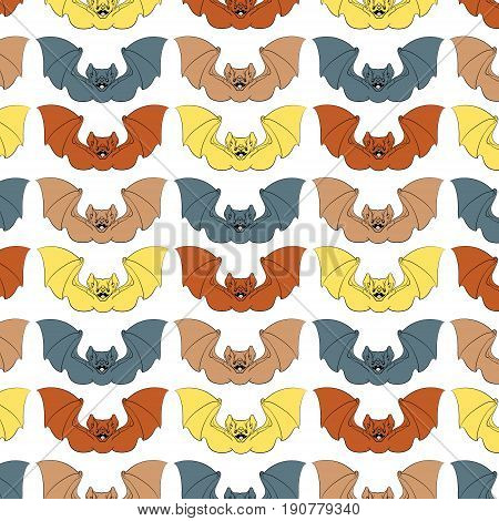 Colorful vector pattern with illustration of angry bat with fangs and wings in hand drawn line style isolated. Template for card poster banner print for t-shirt.
