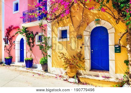 Colorful Greece series - charming streets of Assos village in Kefalonia. Ionian islands