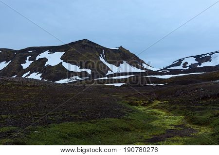 Amazing Iceland Green Hills With Snow Patches In Saefellsnes National Park. Beautiful Iceland Mounta