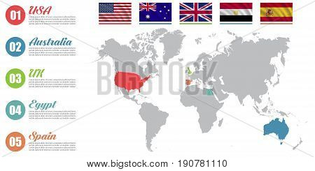 World map infographic. Slide presentation. USA Australia UK Egypt Spain business marketing concept. Color countries with flags