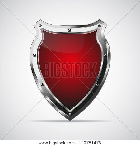 Metal red shield with shadow on a gray background. Vector illustration