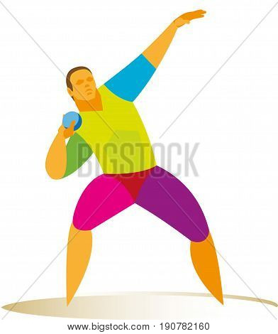 Strong athlete demonstrates the ideal technique of shot put