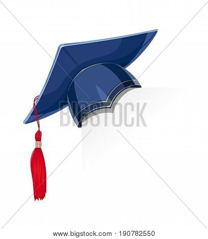 Blue academicic graduation cap paper corner. Students ceremony. Finish school, college, university. Education symbol. Isolated white background. Vector illustration.