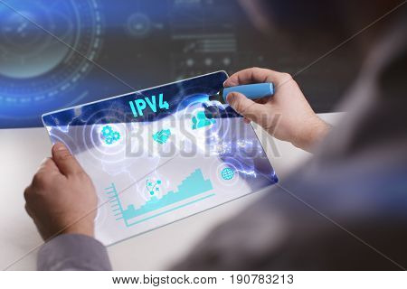 Business, Technology, Internet And Network Concept. Young Businessman Working On A Virtual Screen Of