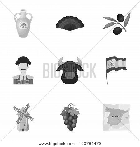 A set of pictures about Spain. Sights of Spain, gypsies, guitar, dances.Spain country icon in set collection on monochrome  vector symbol stock  illustration.