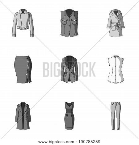 Collection of icons of womens clothing. Various women's clothes for work, walking, sports. Women clothing icon in set collection on monochrome  vector symbol stock  illustration.