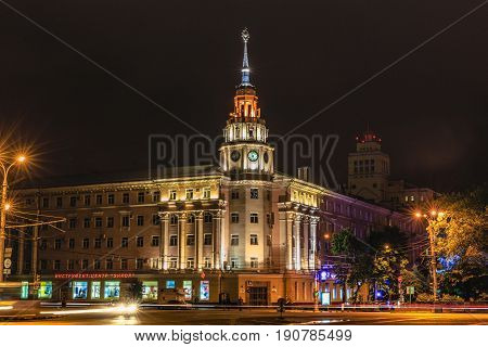 VORONEZH, RUSSIA - JUNE 10, 2017: Lenin Square, Voronezh downtown. Night cityscape.