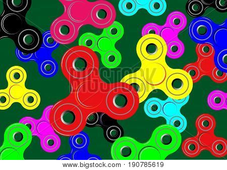 Fidget spinner icon background - toy for stress relief and improvement of attention span. Filled multicolor and black color. Isolated vector illustration or green background