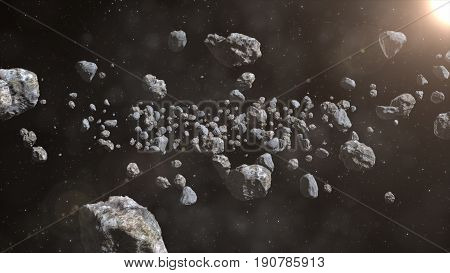 Closeup On Meteor Lumps In Space. Dark Background. Suitable For Any Fantasy, Astronomy Or Space Real