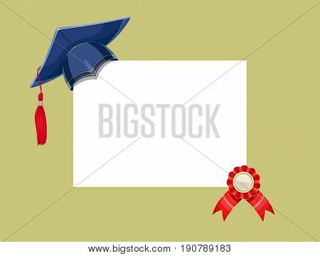 Blue academicic graduation cap with diploma medal. Finish school, college, university. Education symbol. Vector illustration.