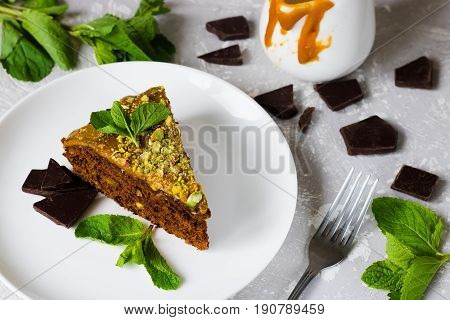 Chocolate Cake With Pistachios And Salted Caramel