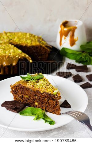 Chocolate Cake With Pistachios And Salted Caramel