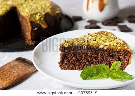 Chocolate Cake With Pistachios And Salted Caramel