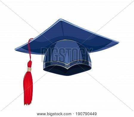 Blue academicic graduation cap. Students ceremony. Finish school, college, university. Education symbol. Isolated white background. Vector illustration.