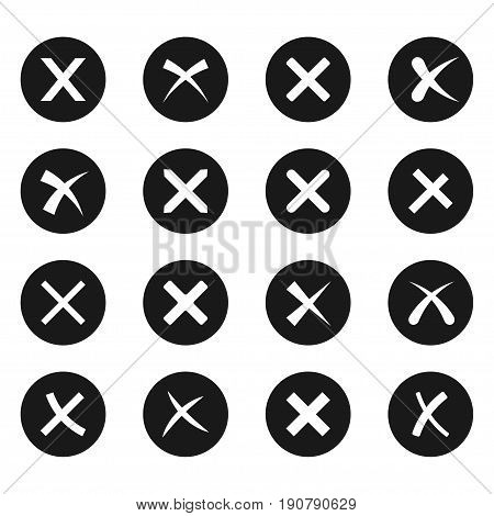 Cross signs, X on black icon set, brusch stroke web design element, wrong choice mark, negative answer. Vector flat style illustration isolated on white background