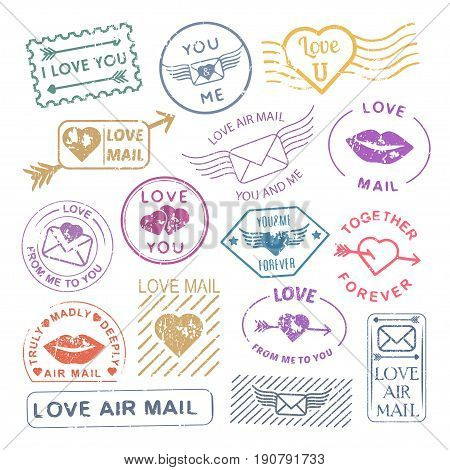 Romantic letter mail stamp set. Valentine decoration, vintage scrapbooking ideas, envelopes and card sticks. Vector flat style illustration on white background
