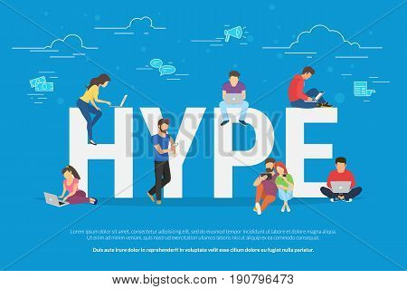 Hype concept vector illustration of young people using laptop and smartphone for following internet trends and hyping new marketing ideas. Flat design of guys and women with advertisiments symbols