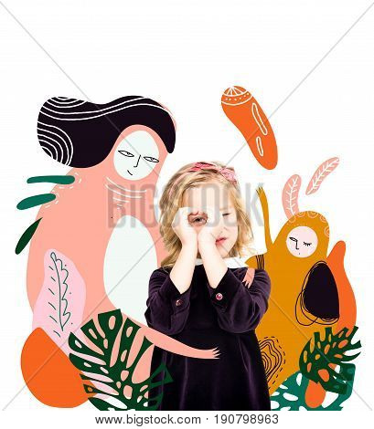 Cute little girl with hand drawn mythical heroes
