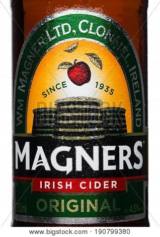 London, Uk - June 9, 2017: Bottle Label Of Magners Original Irish Cider On White.