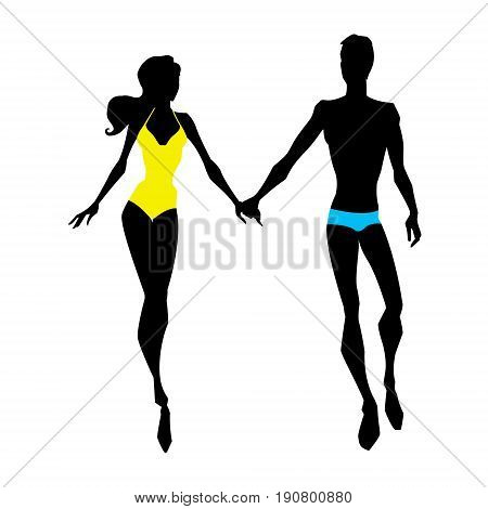 Vector illustration of Silhouette of the walking couple. In swimwears. Silhouettes of two walking lovers.