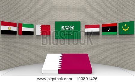 3d rendering of some country of middle east flags on the wall with qatar country flag on the floor. as Saudi Arabia Egypt Bahrain the UAE Yemen eastern Libya and Mauritanie have a wall to banned or boycott Qatar concept.