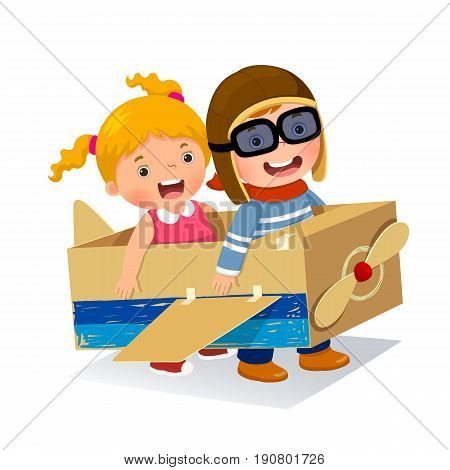 Creative boy playing as a pilot with cardboard airplane