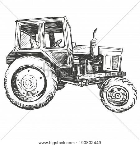Farm tractor hand drawn vector illustration realistic sketch