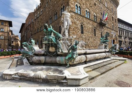 Florence ITALY- September 10 2016: View on The fountain of Neptune by Bartolomeo Ammannati in the Piazza della Signoria Florence Italy