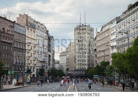 BELGRADE SERBIA - JUNE 10 2017: Palace Albanija (Palata Albanija) in the center of Belgrade in the afternoon. This building is one of the architectural landmarks of Terazije district and a symbol of the communist design in the city