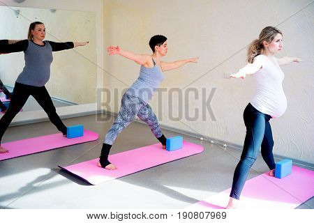 Pregnant women do fitness exercises in a gym