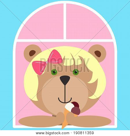 Teddy bear girl with ice cream looking out of the window. Flat icon. Colorful summer mood avatar with funny girl. Vector illustration for stickers. Children bear with ribbons pin and ice cream