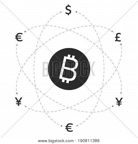 Bitcoin logo and signs of other currencies with exchange lines. Editable eps10 Vector. Transparent background.
