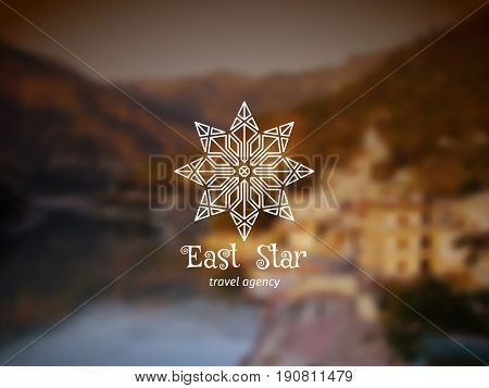 Asian travel logo with linear star. Vector ethnic ornamental design for travel agencies, tourist offices, local guides, booking and rental services.