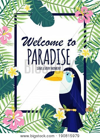 A tropical card with palm leaves and exotic flowers. Summer jungle design is ideal for flyers postcards labels and unique designs. Vector