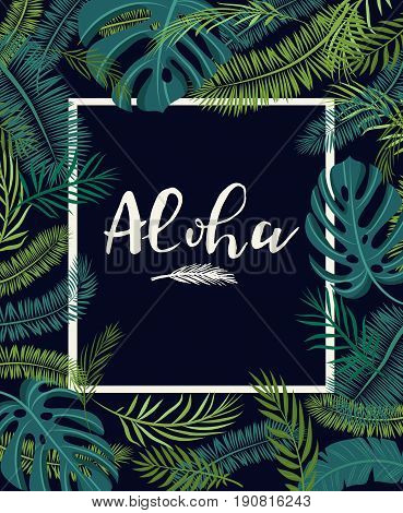 A tropical card with palm leaves and exotic flowers. Summer jungle design  is ideal for flyers, postcards, labels and unique designs. Vector