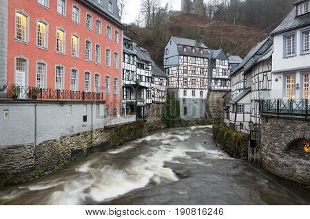 MONSCHAU GERMANY - FEBRUARY 20 2016: Half-timbered houses of Monschau a small resort town in the Eifel region of western Germany