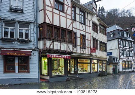 MONSCHAU GERMANY - FEBRUARY 20 2016: Half-timbered houses of Monschau a small resort town in the Eifel region of western Germany