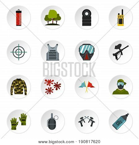 Paintball icons set. Flat illustration of 16 paintball vector icons set illustration
