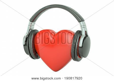 Red heart with headphones favorite music concept. 3D rendering isolated on white background