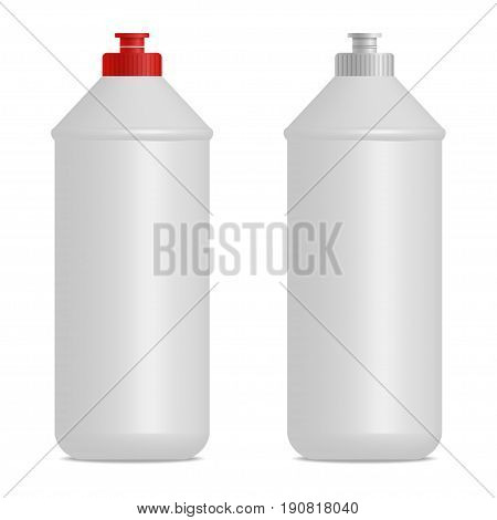 Dish washing liquid cylindrical bottle realistic mock up. Red and gray caps. Empty place for label design. 3D illustration for branding. Isolated on white background. Vector eps 10