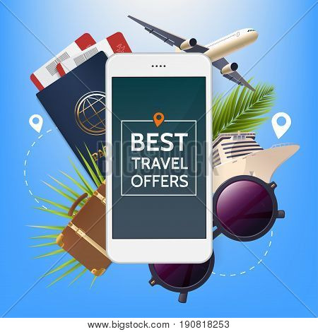 Travel offer banner. Illustration with screen of smartphone and attributes of vacation. Plane, passport and tickets, sunglasses, retro suitcase, cruise ship, tropical leaves. Vector eps10.