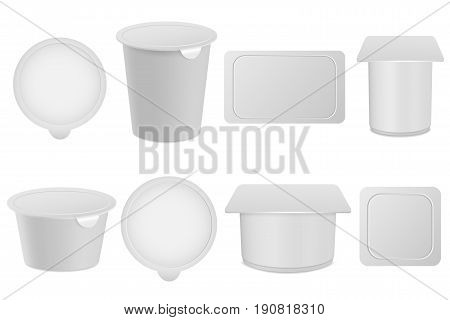 Realistic yogurt, cottage cheese, ice cream or sour cream packaging set. Empty 3D mockups isolated on white background. Applicable for branding, design presentation. Vector illustration. Eps 10.