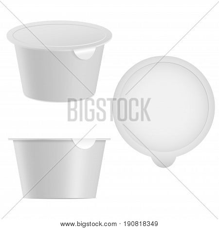 Realistic yogurt or cottage cheese, ice cream package mock up. Isolated on white background. Top and side view. 3D product illustration for branding. Vector eps 10.
