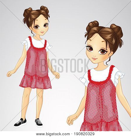 Vector illustration of brunette in red sarafan and black sneakers