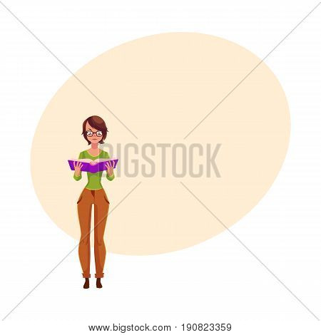 Full length portrait of girl, woman in glasses standing, reading book, cartoon vector illustration with space for text. Girl, woman with short hair and glasses reading in standing position