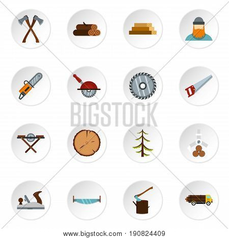 Timber industry icons set in flat style. Lumberjack equipment set collection vector icons set illustration
